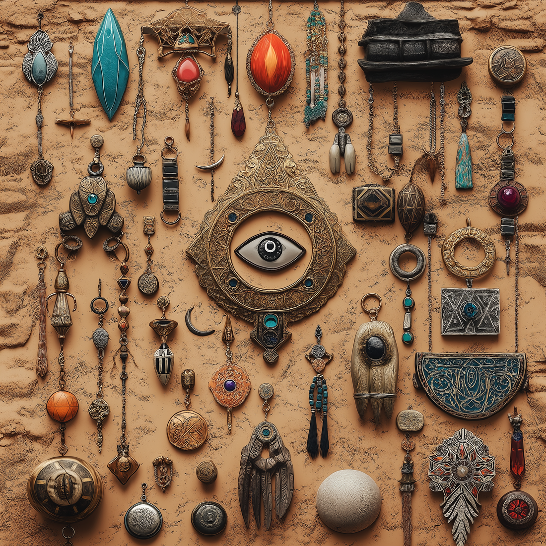 a detailed depiction of traditional Berber jewelry, showcasing geometric shapes, intricate metalwork, and cultural symbols like the Eye of Protection and the Crescent Moon, set against a backdrop inspired by Moroccan landscapes