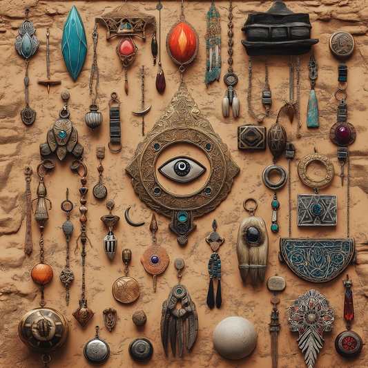a detailed depiction of traditional Berber jewelry, showcasing geometric shapes, intricate metalwork, and cultural symbols like the Eye of Protection and the Crescent Moon, set against a backdrop inspired by Moroccan landscapes