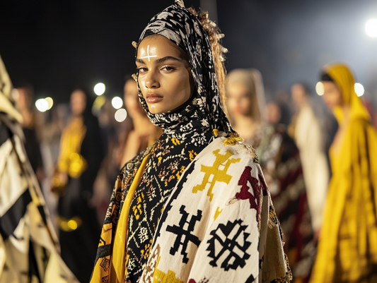  a fashion runway scene where models wear modern clothing adorned with Amazigh symbols like the Berber Cross and Tifinagh script, blending traditional motifs with cutting-edge design