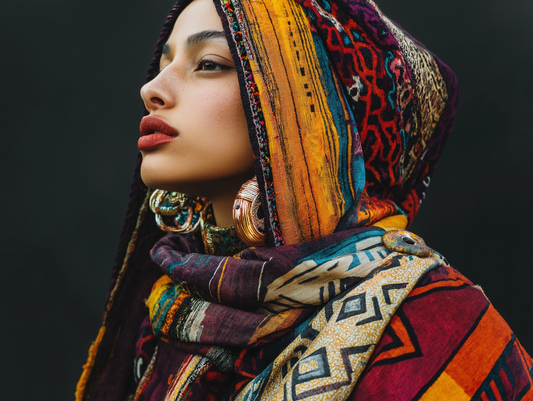a modern-day wardrobe where models wear a mix of contemporary clothing with traditional Amazigh accessories like colorful scarves, bold jewelry, and geometric-patterned jackets
