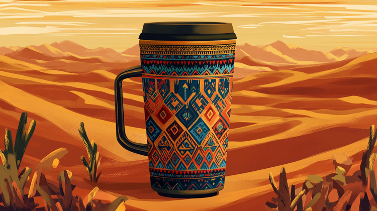 Detailed illustration of a travel mug with a handle, featuring traditional Berber and Amazigh motifs. The mug have intricate geometric patterns in bold colors like red, blue, and gold, inspired by North African tribal art