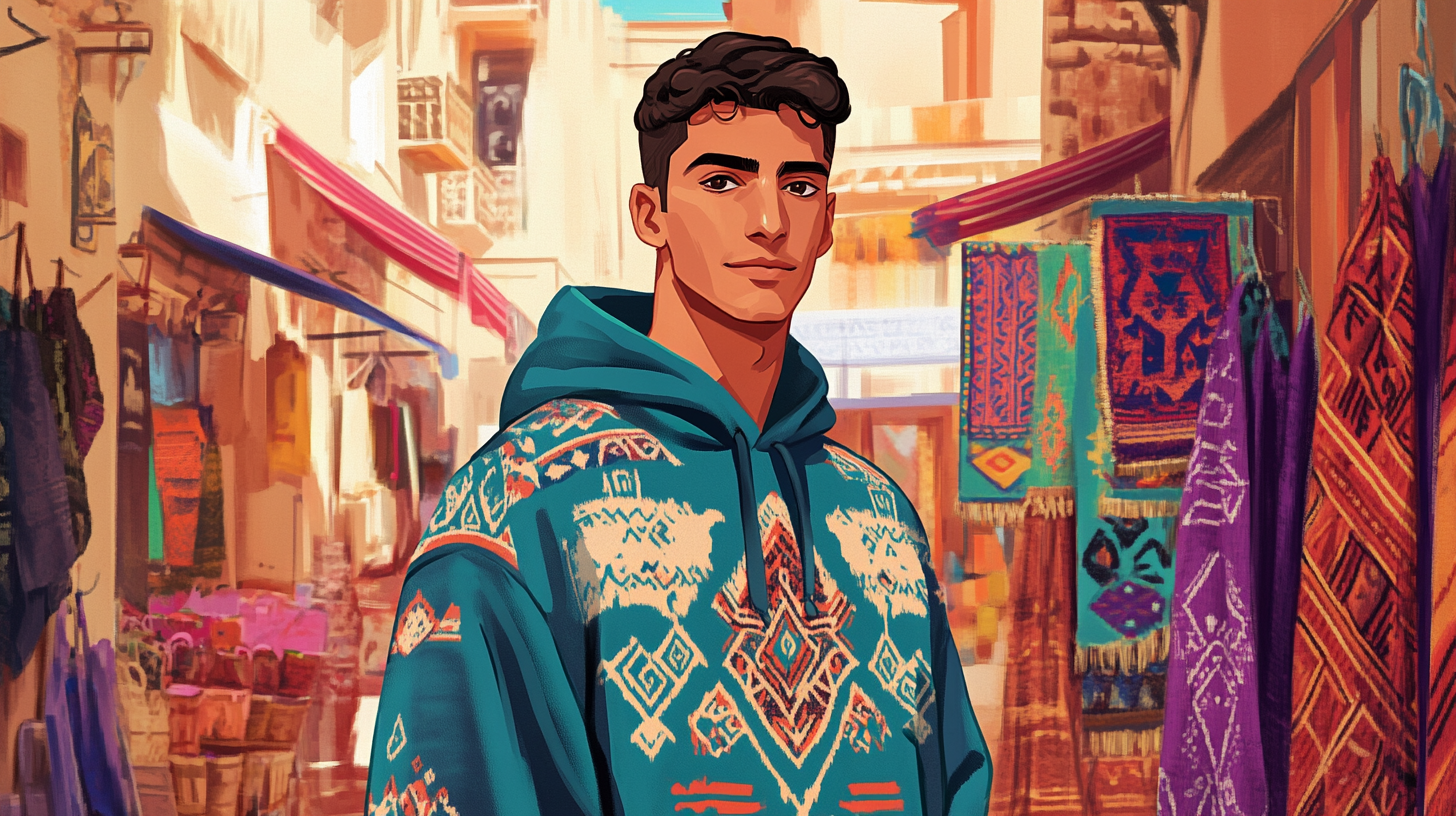 a stylish man wearing a hoodie adorned with delicate Berber motifs and symbols, standing in a vibrant marketplace with traditional North African architecture and vibrant textiles in the background