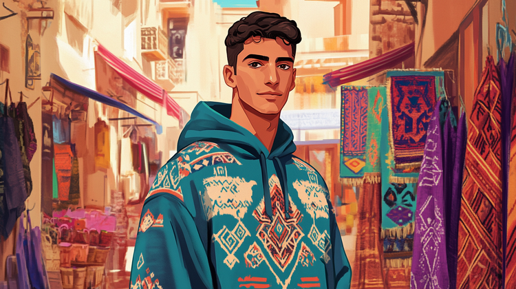 a stylish man wearing a hoodie adorned with delicate Berber motifs and symbols, standing in a vibrant marketplace with traditional North African architecture and vibrant textiles in the background