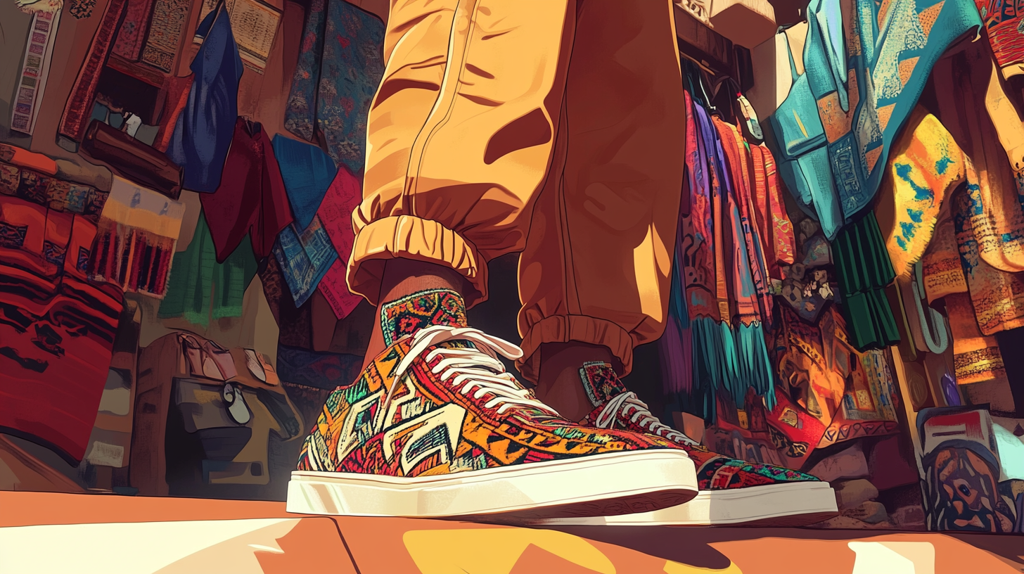 A stylish man wearing shoes adorned with delicate Berber motifs and symbols