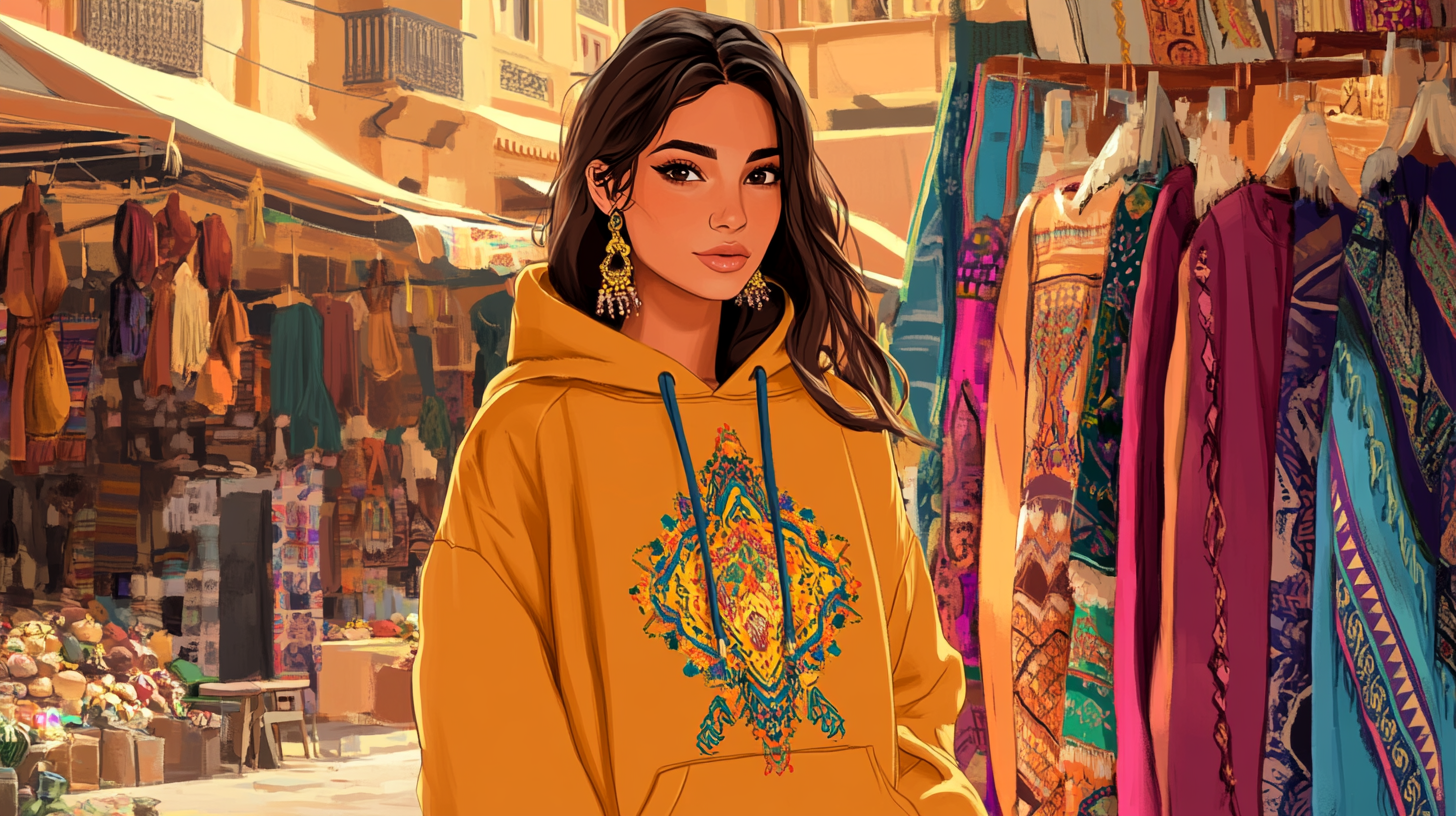  a stylish woman wearing a hoodie adorned with delicate Berber motifs and symbols, standing in a vibrant marketplace with traditional North African architecture and vibrant textiles in the background