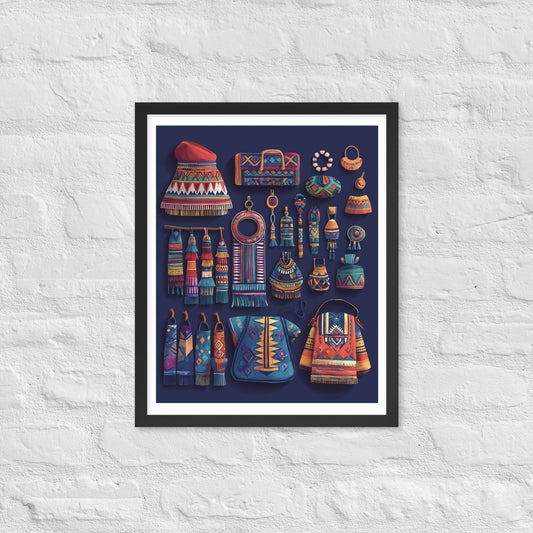 Berber Elegance: A Vibrant Showcase of Traditional Accessories and Patterns - Framed poster