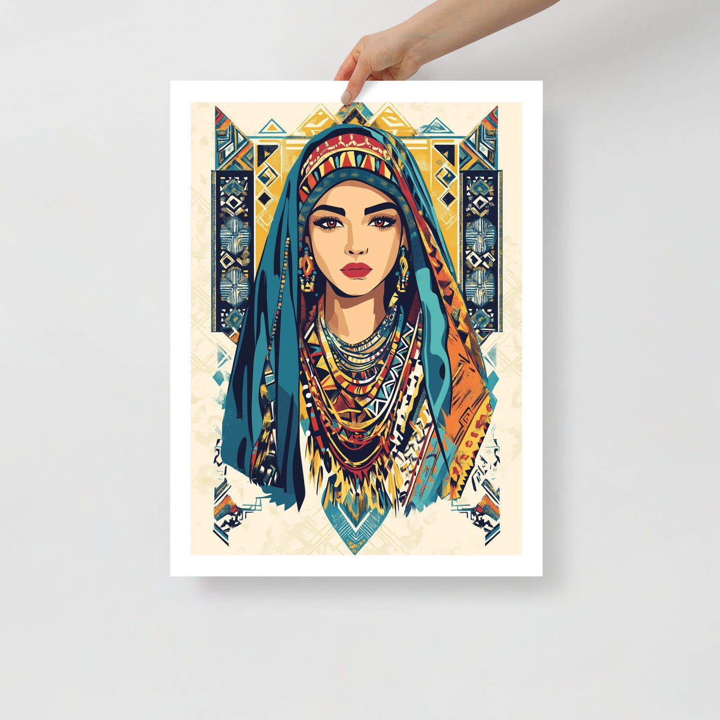 Affiche Portrait d'une femme royale berbère – Symboles amazighs et bijoux touaregs