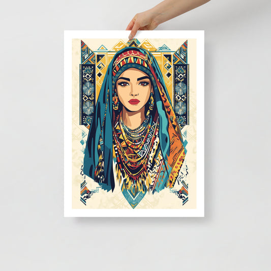 Regal Berber Woman Portrait Poster – Amazigh Symbols and Touareg Jewelry Art